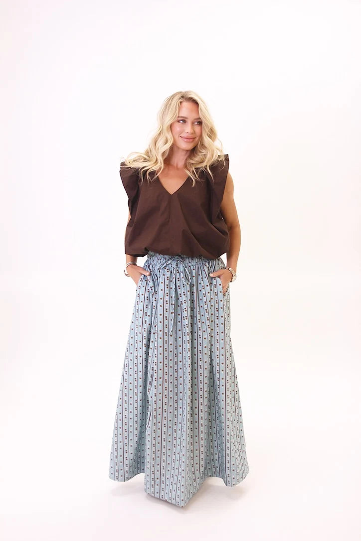 Floral Stripe Tie Smock Waist Maxi Skirt