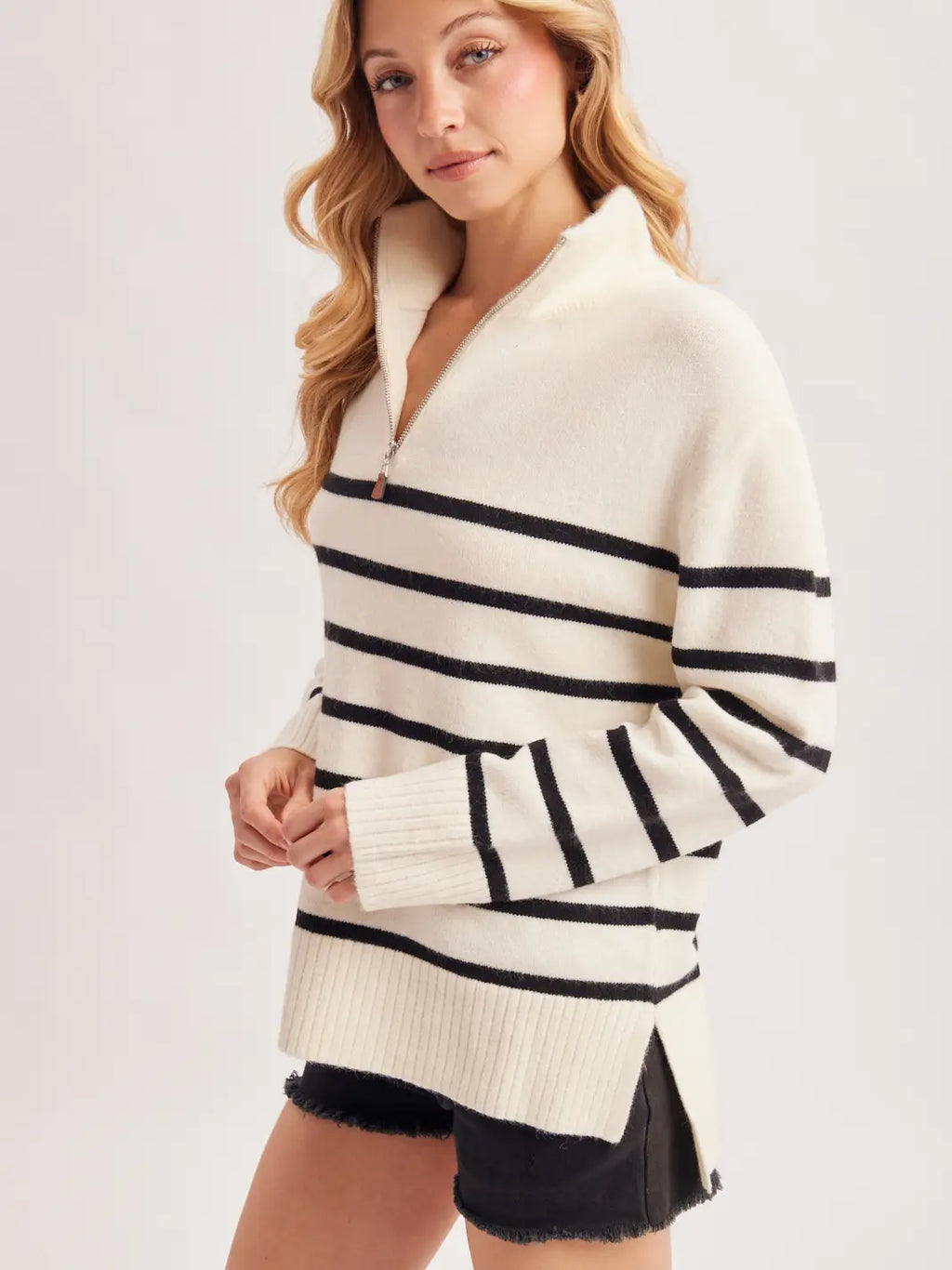 Quarter Zip Up Stripe Sweater Pullover