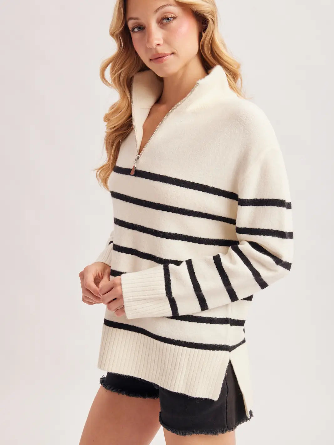 Quarter Zip Up Stripe Sweater Pullover