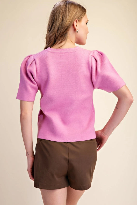 Pink Puff Sleeve Pull Over Knit top