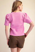 Pink Puff Sleeve Pull Over Knit top