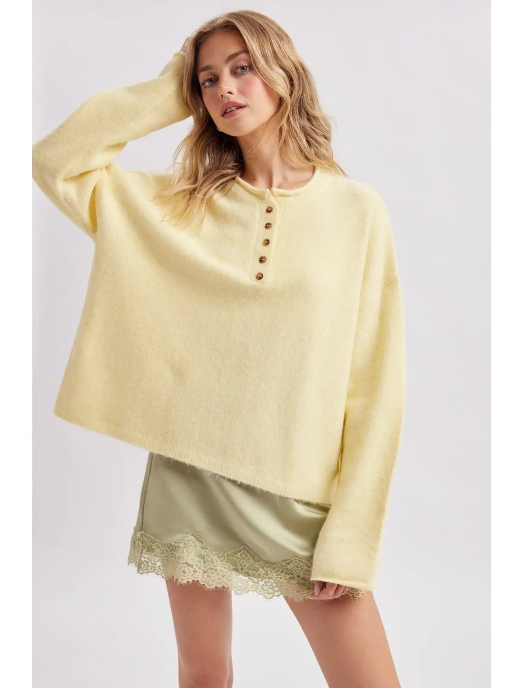 Lemon Henley Button-Neck Sweater