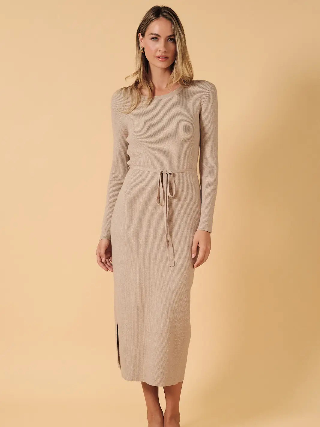 Ribbed Belted Side Slit Sweater Midi Dress