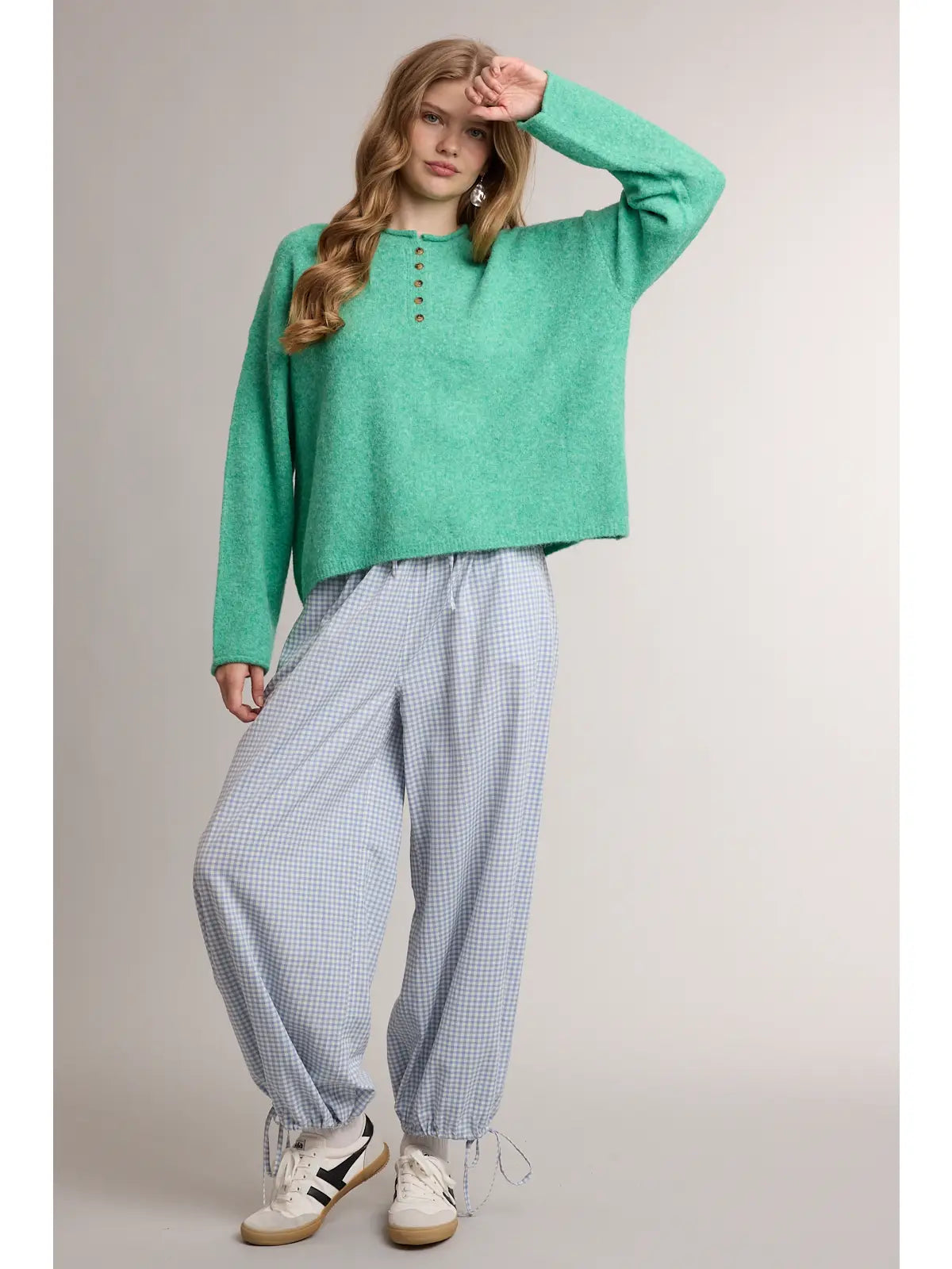 Green Henley Button-Neck Sweater