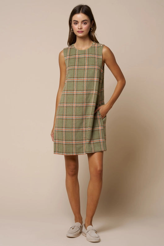 Plaid Sleeveless Mini Shift Dress W/Pockets