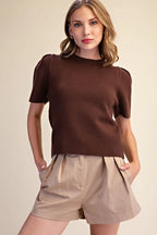 Brown Puff Sleeve Pullover Knit Top