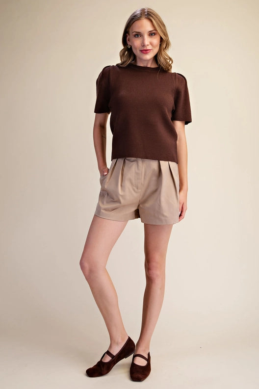 Brown Puff Sleeve Pullover Knit Top