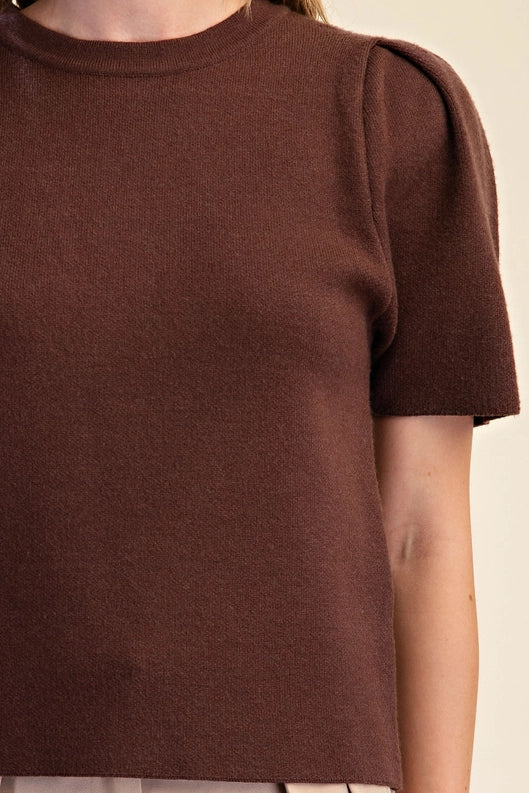 Brown Puff Sleeve Pullover Knit Top