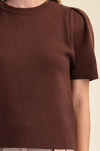 Brown Puff Sleeve Pullover Knit Top