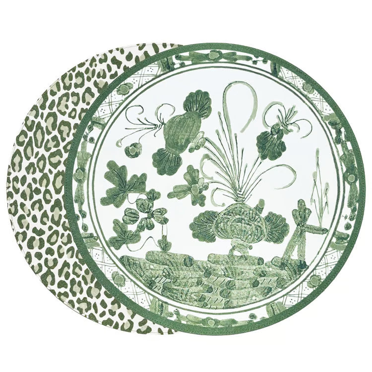 VIDA Faenza and Leopard Reversible Round Placemats Set of 4 (White and Green)