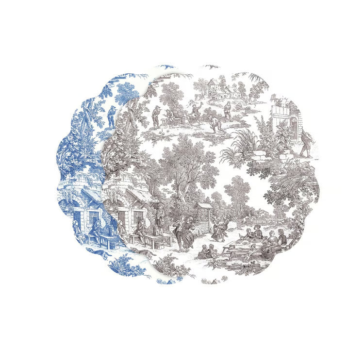 VIDA English Toile Reversible Placemats Set of 4 (Blue and Gray)