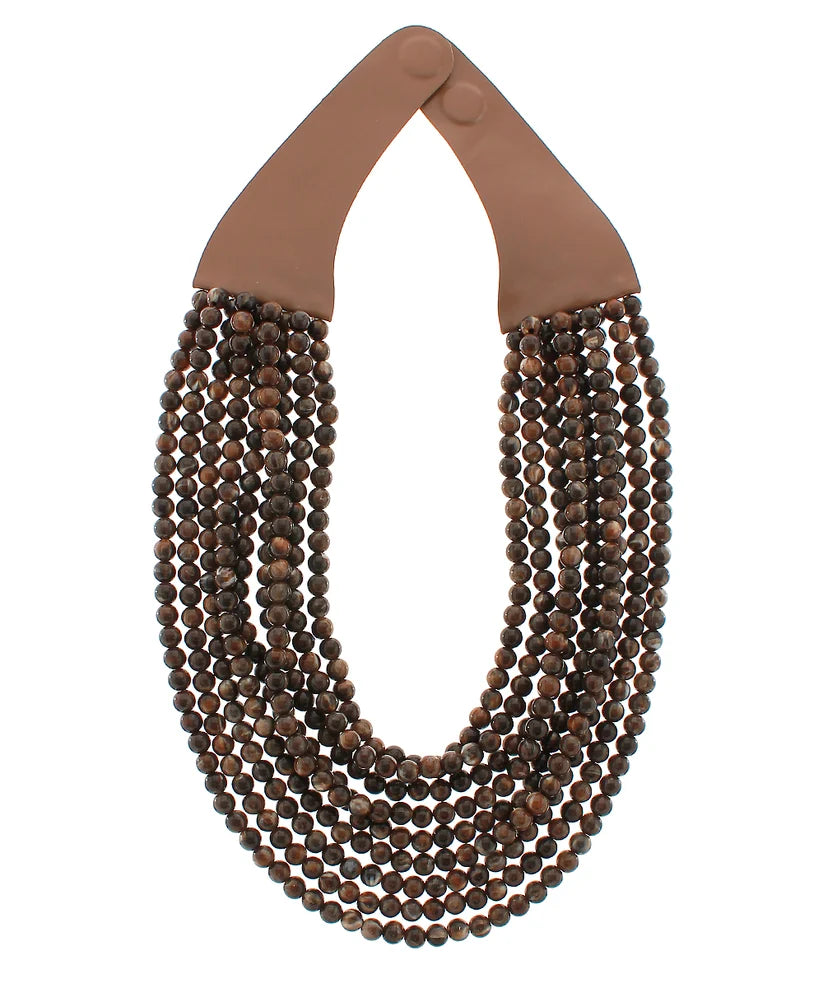 Magnetic Strap Multi Layered Bead Necklace Brown
