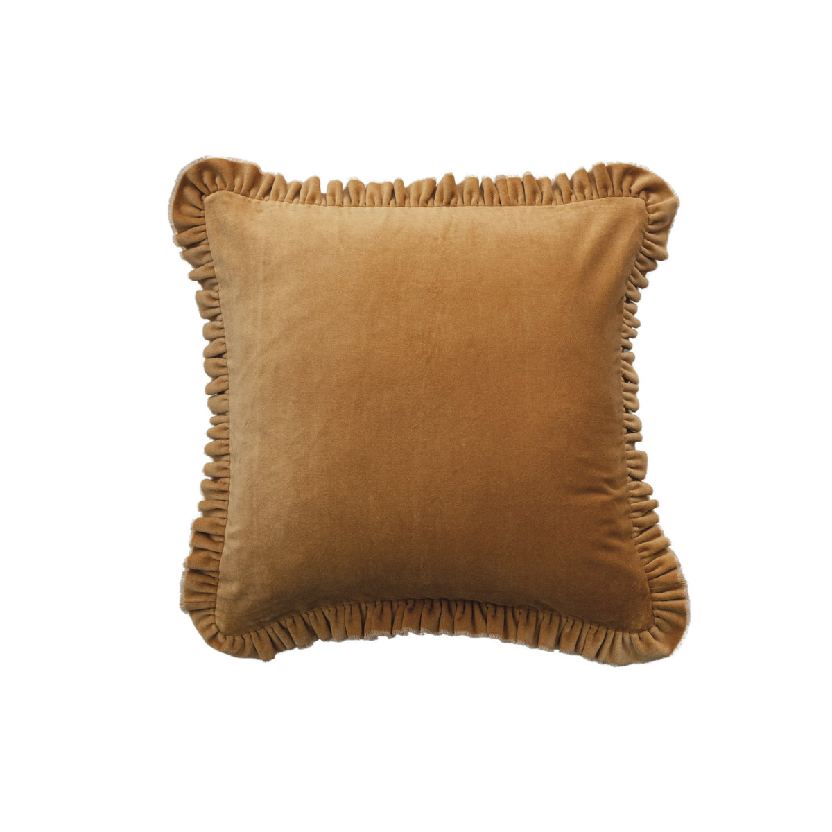 Square Cotton Velvet Pillow w/ Ruffled Trim, Mustard Color