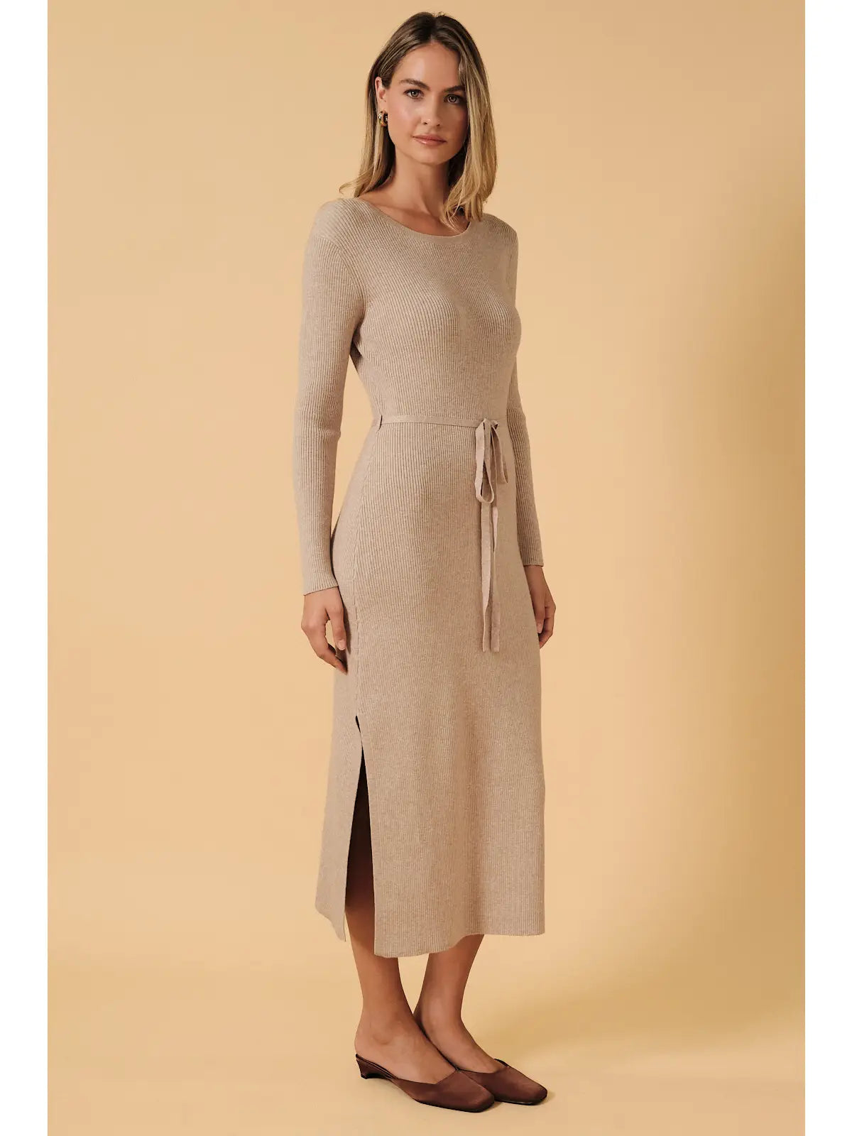 Ribbed Belted Side Slit Sweater Midi Dress
