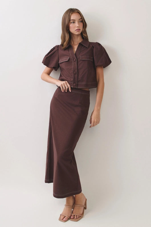 Contrast Stitch Puff Sleeve Top