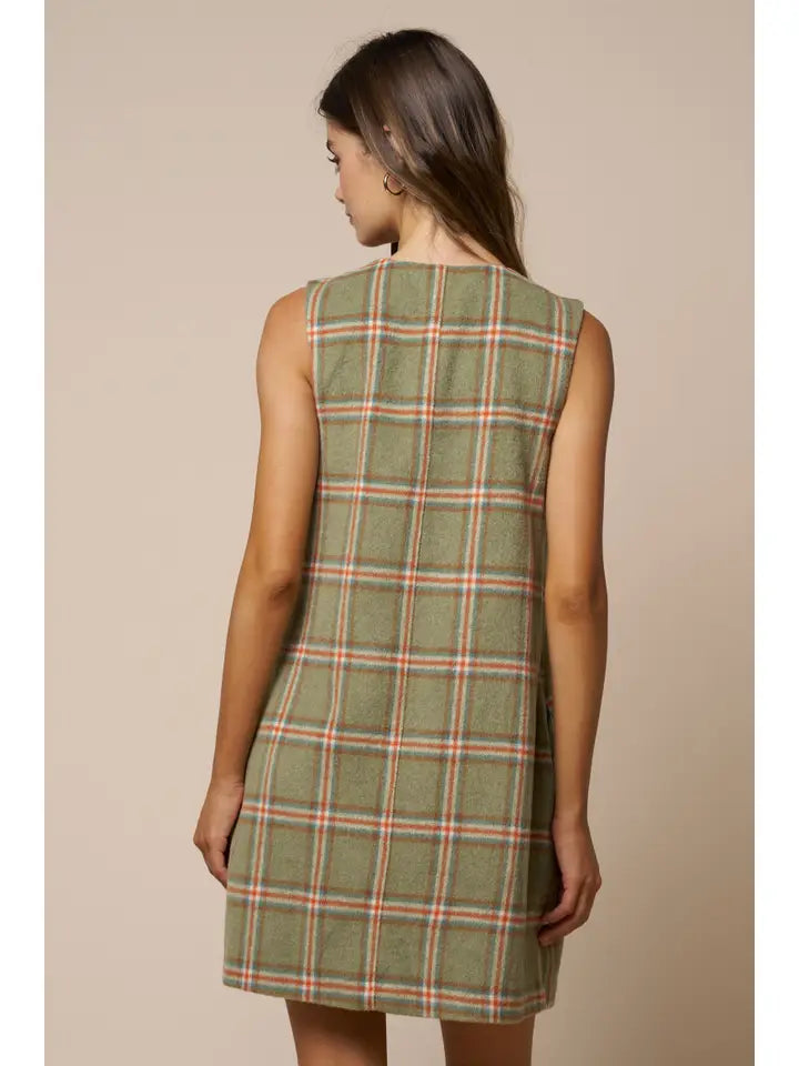 Plaid Sleeveless Mini Shift Dress W/Pockets