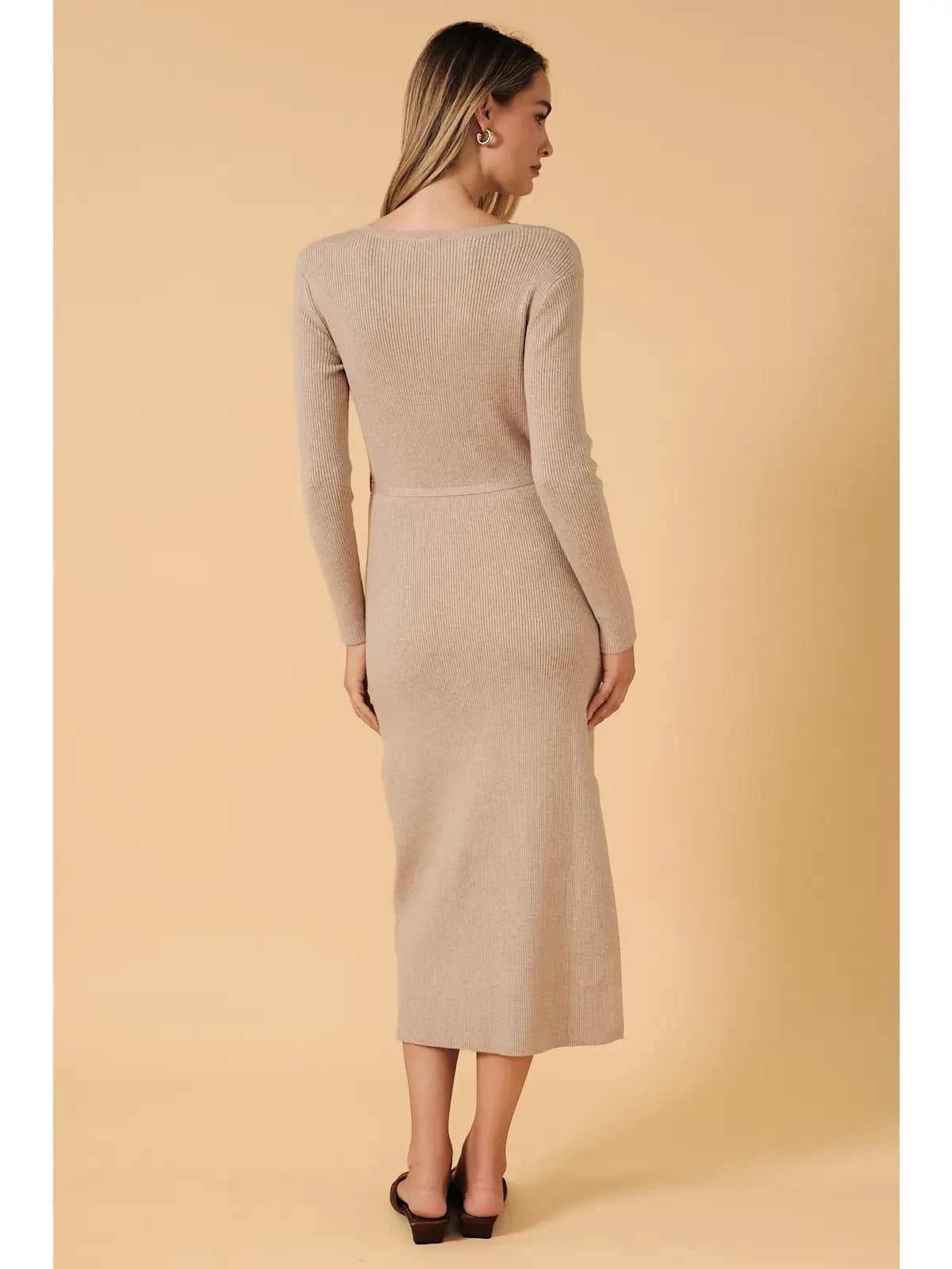 Ribbed Belted Side Slit Sweater Midi Dress