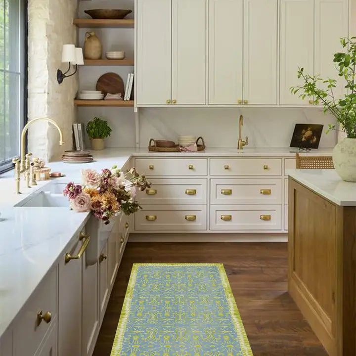 Blue & Chartreuse Chinoiserie Vinyl Floor Mat - Large