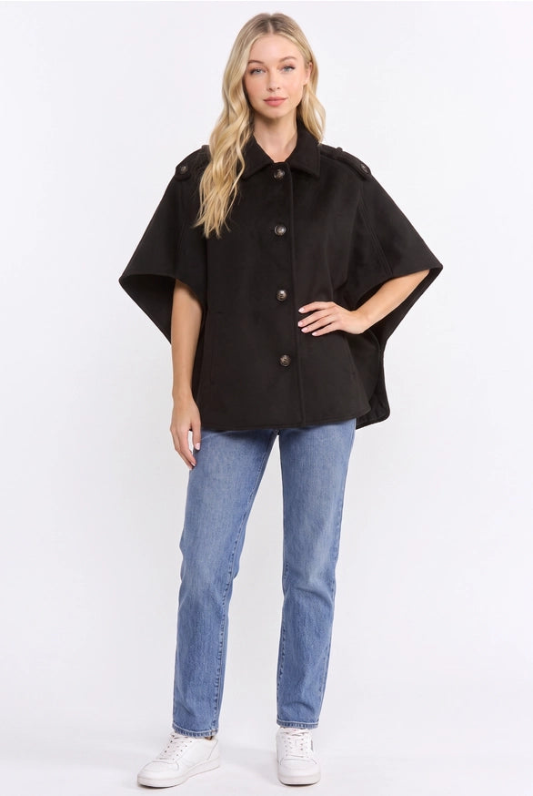 Black Wool blend Cape Jacket