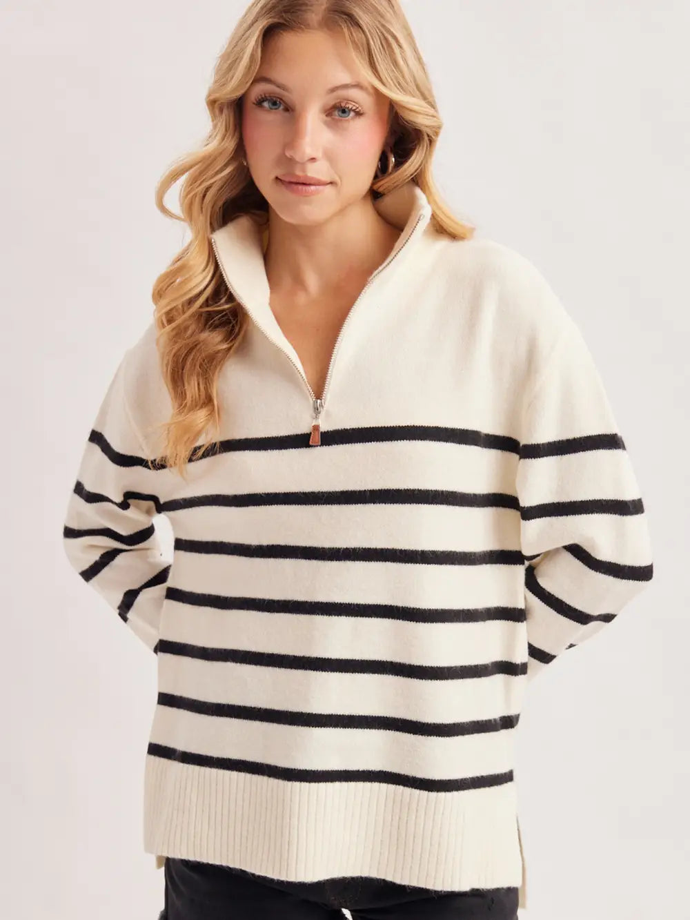 Quarter Zip Up Stripe Sweater Pullover