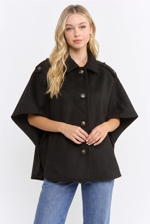 Black Wool blend Cape Jacket