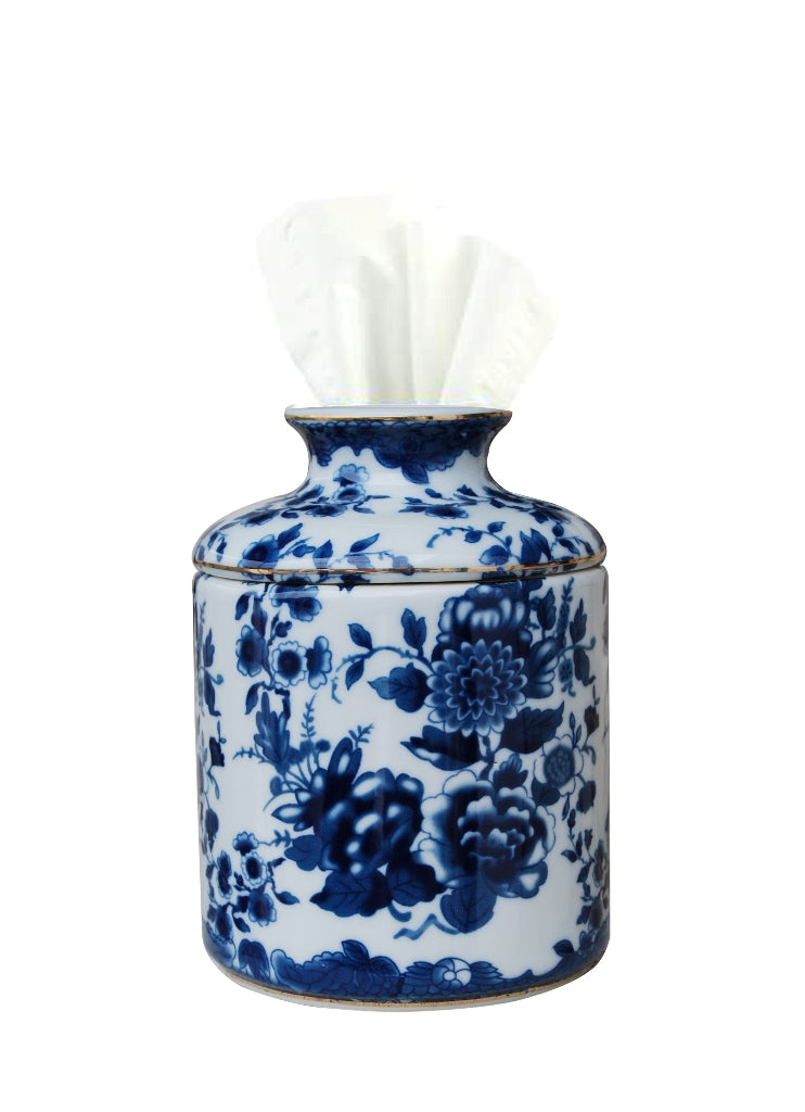 Blue and White Floral Porcelain Tissue Holder