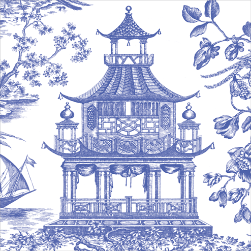 Caspari Chinoiserie Toile Pagoda Blue Cocktail