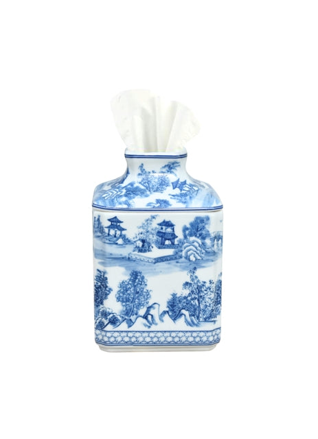 Blue and White Chinoiserie Porcelain Tissue Box