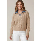 Taupe Washed Denim Collared Long Sleeve Sweater Top