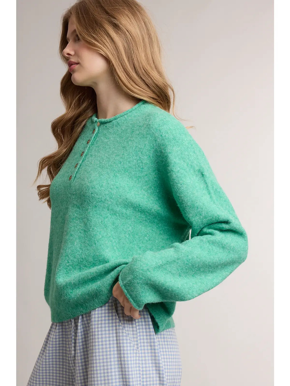 Green Henley Button-Neck Sweater
