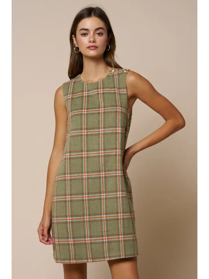 Plaid Sleeveless Mini Shift Dress W/Pockets