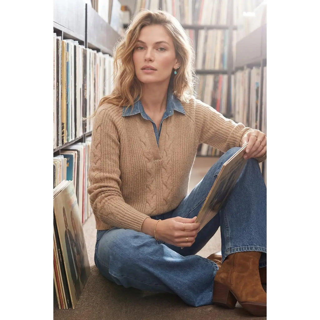 Taupe Washed Denim Collared Long Sleeve Sweater Top