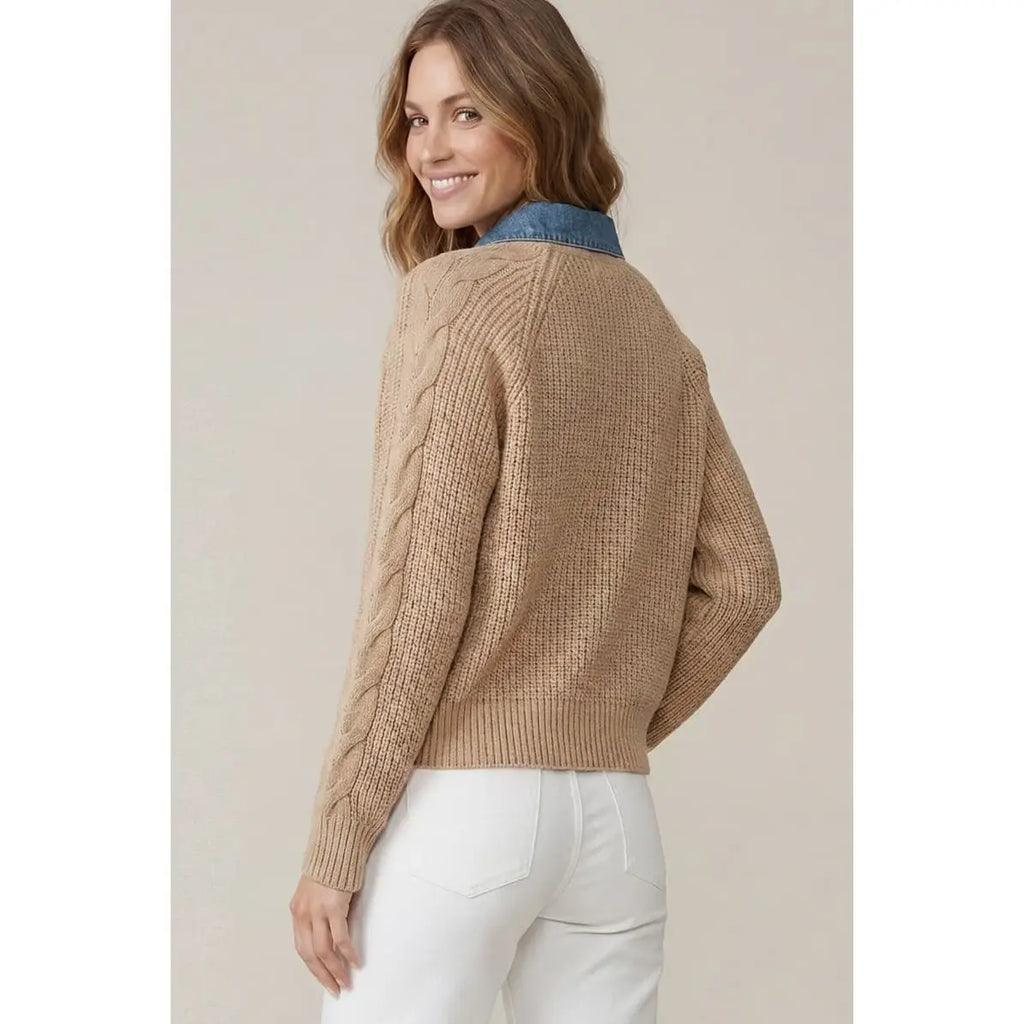 Taupe Washed Denim Collared Long Sleeve Sweater Top