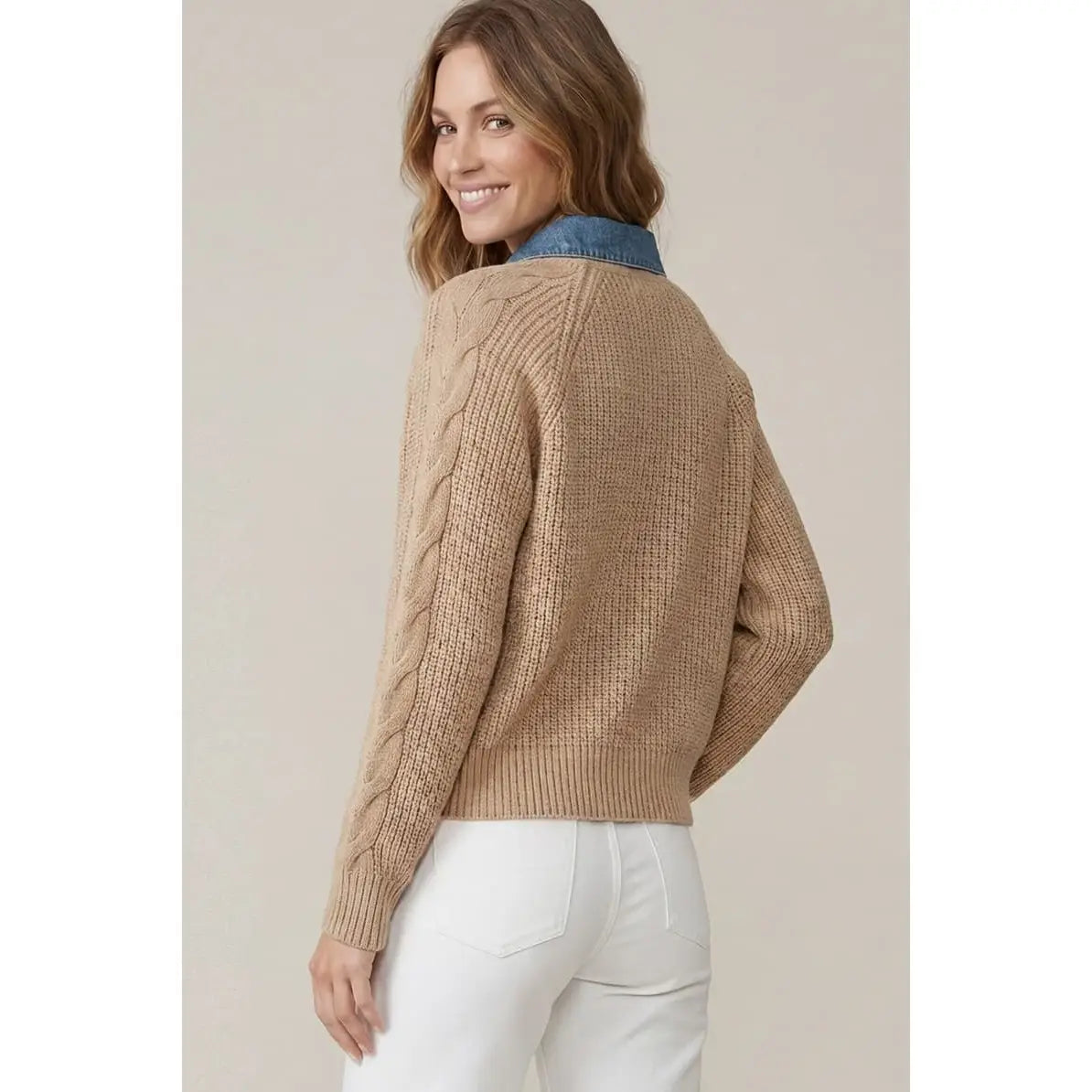 Taupe Washed Denim Collared Long Sleeve Sweater Top