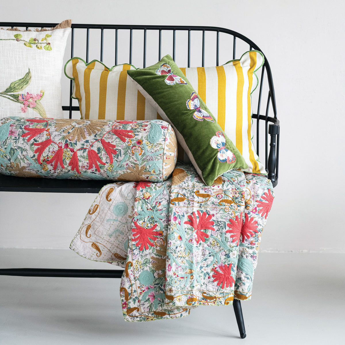Cotton Striped Lumbar Pillow with Scalloped Flange & Contrasting Stitched Edge & Green