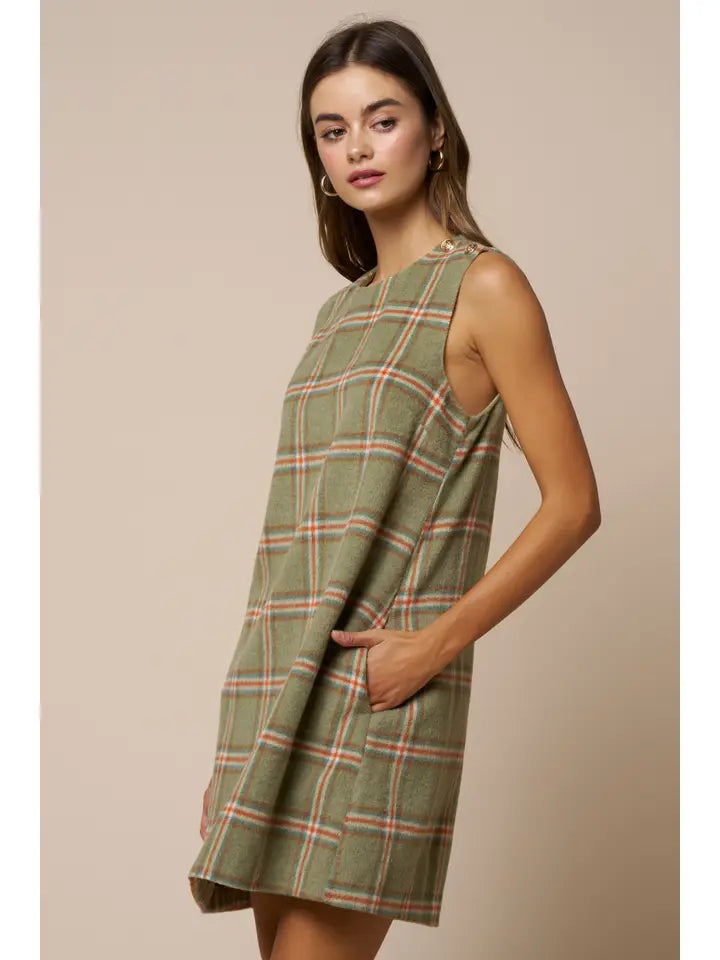 Plaid Sleeveless Mini Shift Dress W/Pockets