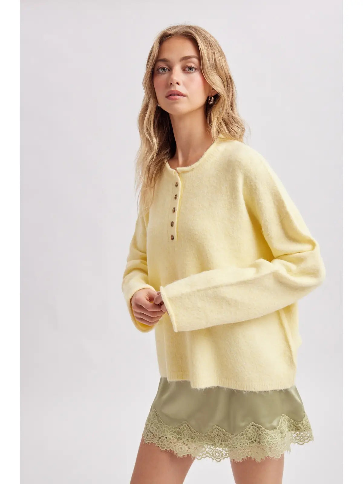 Lemon Henley Button-Neck Sweater