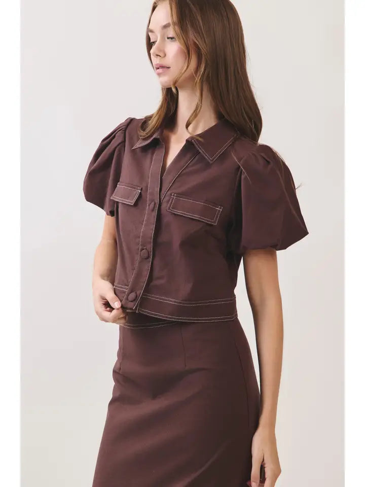 Contrast Stitch Puff Sleeve Top