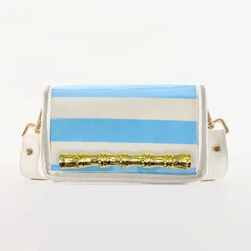 Petite Light Blue Stripe Clear Stadium Bag with Gold Bamboo Stick