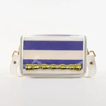 Petite Purple Stripe Clear Stadium Bag with Gold Bamboo Stick