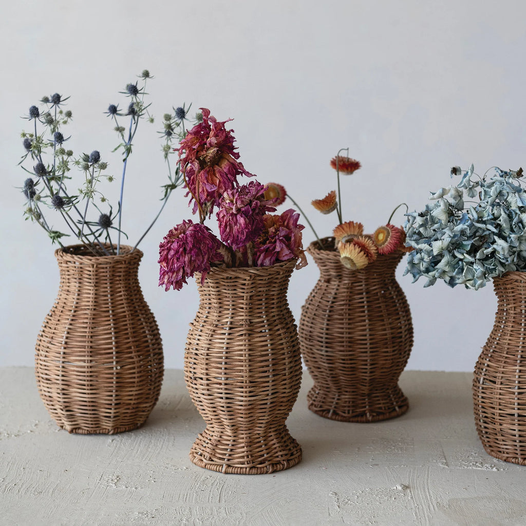 Hand-Woven Rattan Vase with Removable Glass Insert